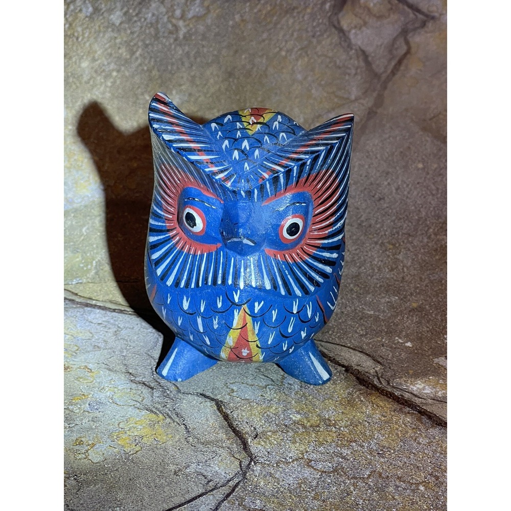 Hand Carved & Painted Wood Folk Art Miniature Blue Owl 4"
